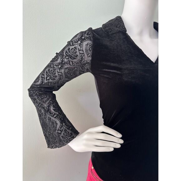 Vintage Y2k Black Velvet Top with Sheer Sleeves Collared V-Neck Long Sleeve XS - Picture 5 of 6